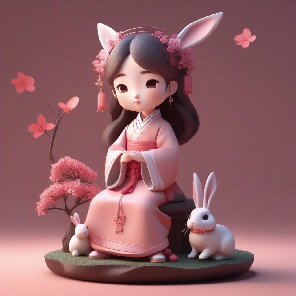 深玫瑰色汉服少女：柔和暖光下3D渲染全身像