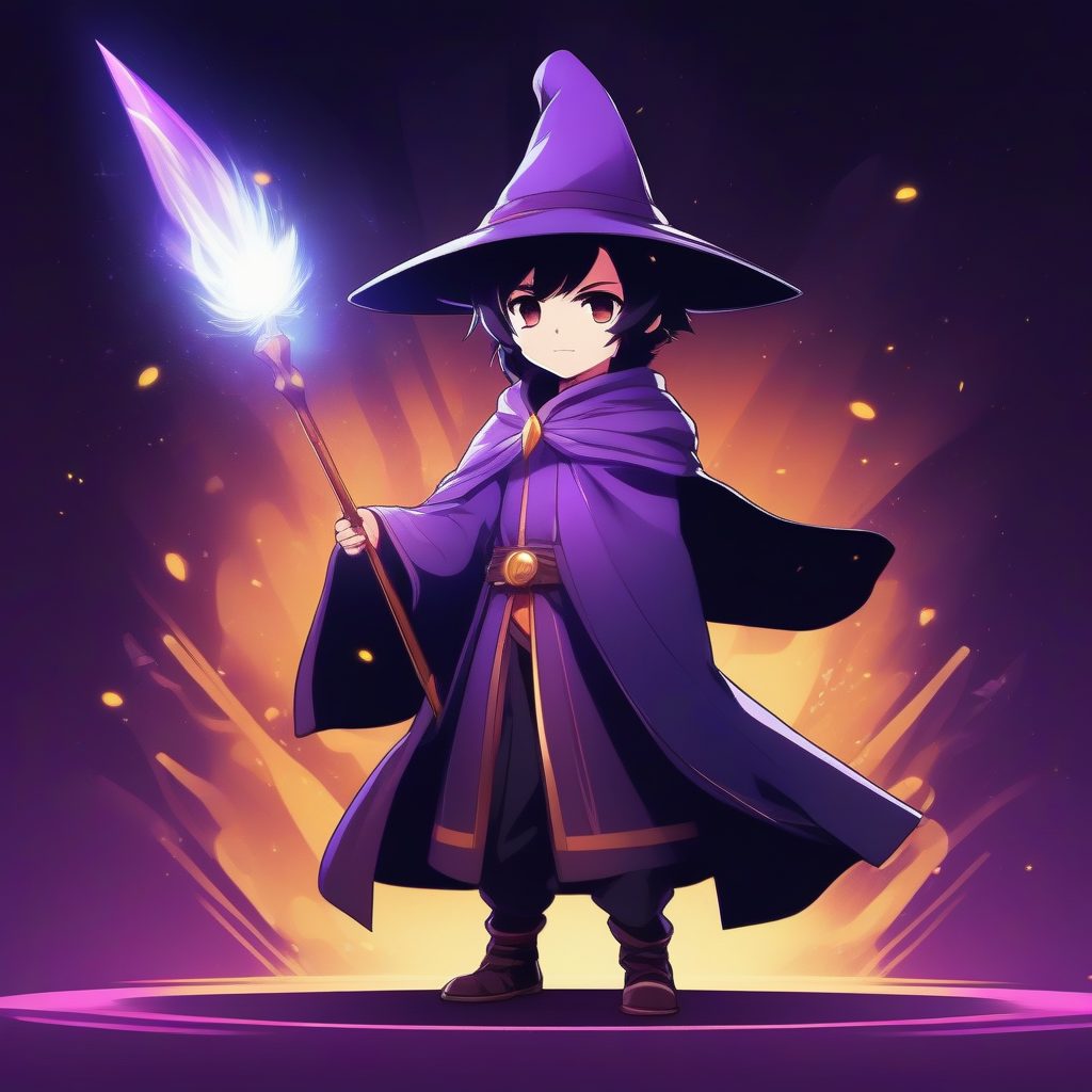 神秘魔法：Q版小巫师男孩全身动漫截图风格，深紫背景