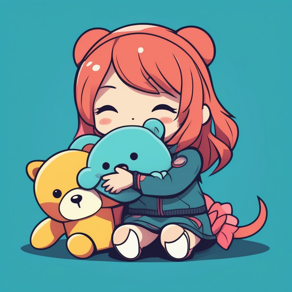 深青色背景下的超极简Chibi女孩：抱巨大毛绒玩具