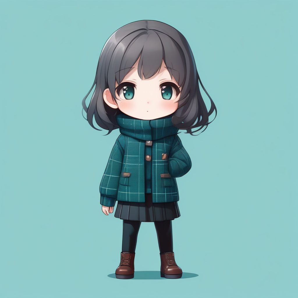 深色学院风Q版立绘:高领毛衣与花呢夹克,深青色纯色背景