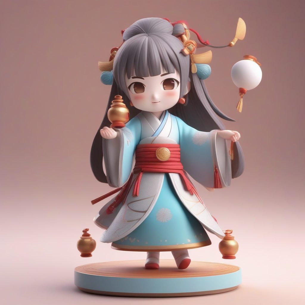 神乐舞铃铛Q版巫女：动态站姿C4D粘土材质渲染图