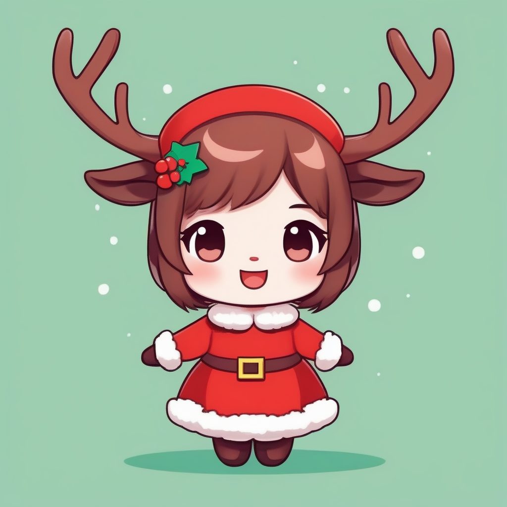 圣诞氛围感Q版麋鹿少女：极简风全身站立照与纯色背景AI提示词