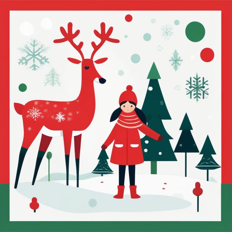 圣诞极简手绘小女孩与驯鹿场景
