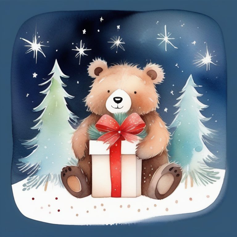 圣诞节水彩插画小熊抱礼物