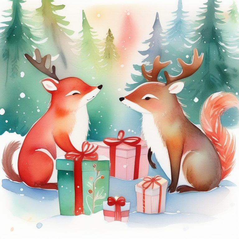 圣诞水彩动物赠礼场景