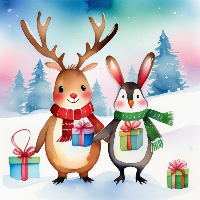 圣诞水彩风的动物角色与礼物
