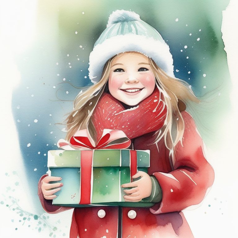 圣诞水彩女孩与礼物