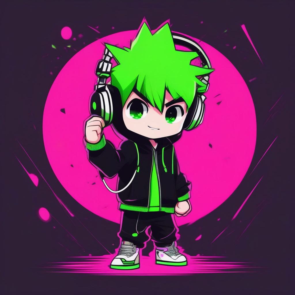 胜利游戏宅Q版男孩：矢量艺术风格，动态站姿与霓虹绿背景