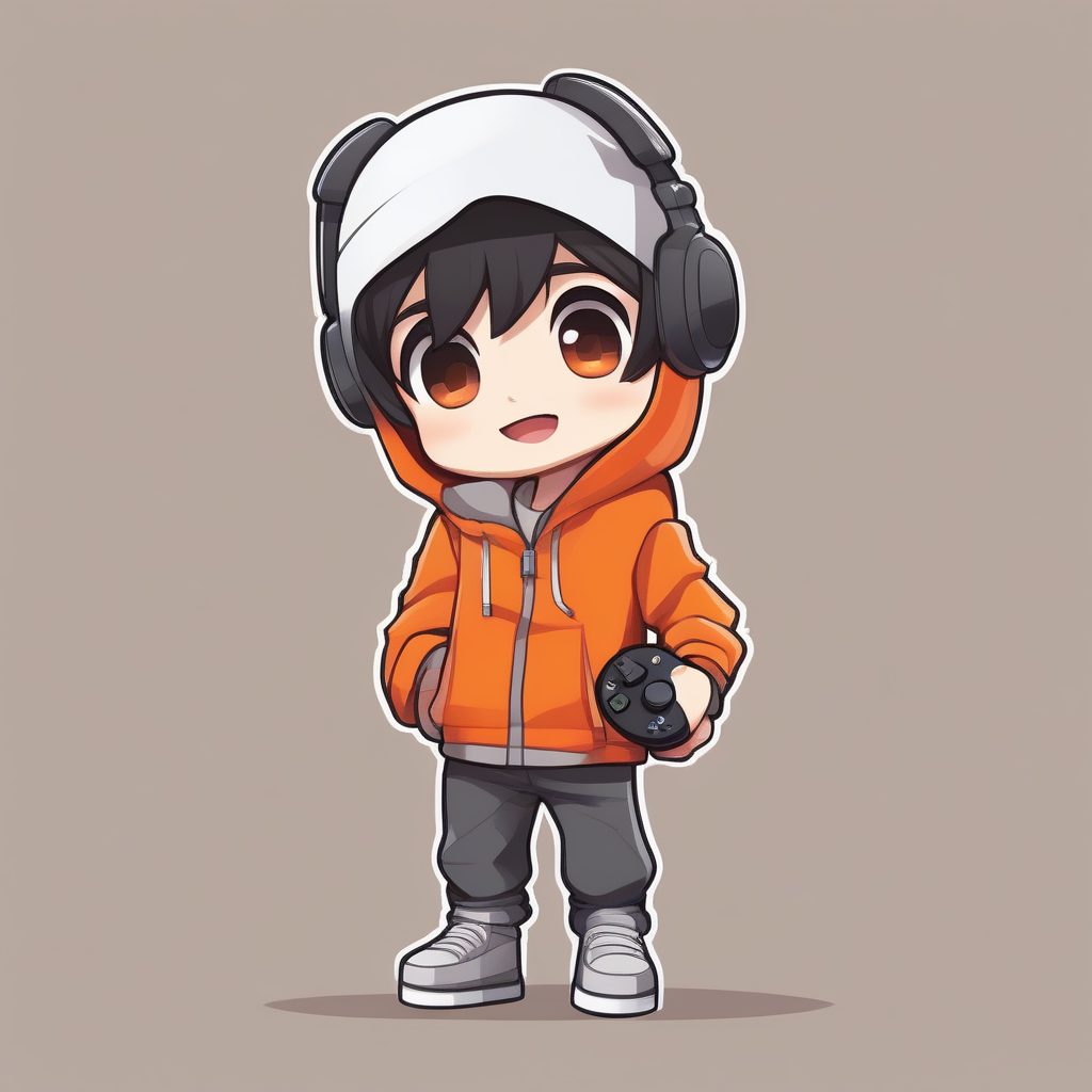 胜利姿态的Q版游戏玩家：吐舌头，电光橙纯色背景