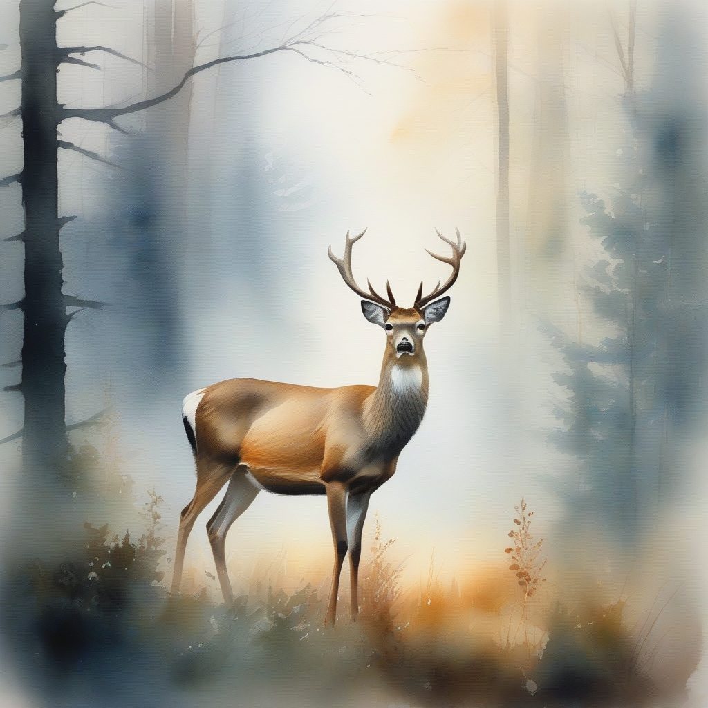 湿边水彩技法：迷雾森林中的仙境鹿影AI艺术提示词