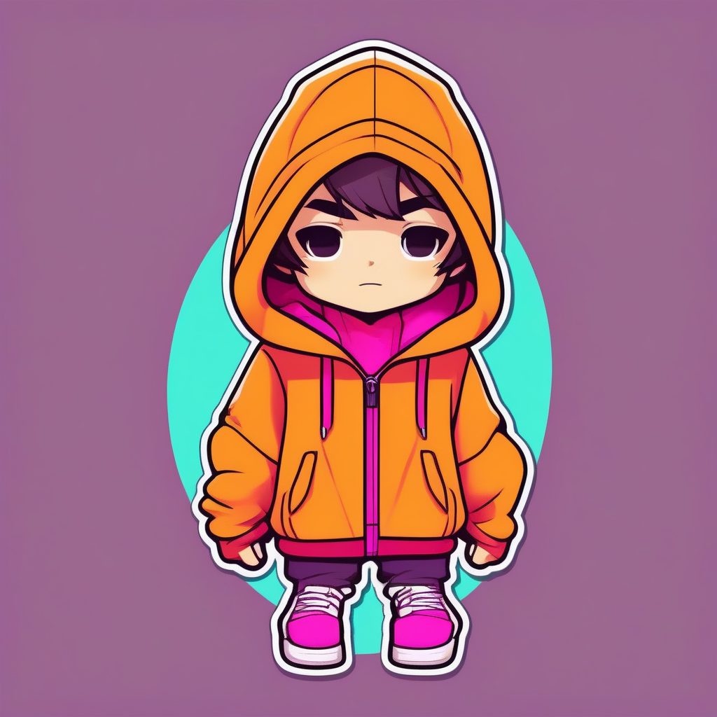 时尚街头风：极简贴纸感Q版男孩全身照，鲜艳洋红背景