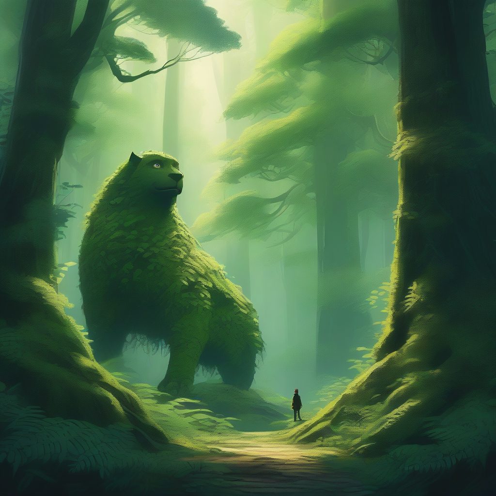 史诗级场景生成：AI如何描绘出“幽深森林的守护神”的宏大感？Ghibli风格神话生物提示词