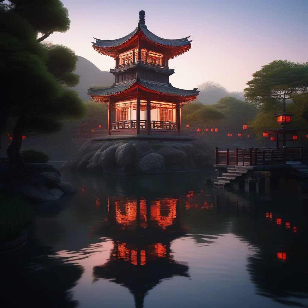 史诗级斗拱巨塔：雾锁朱红木建筑与宁静园林奇观