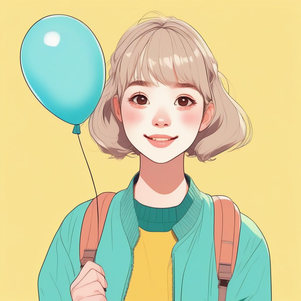 手拿气球的庆祝少女：粉色调赛璐珞风格肖像