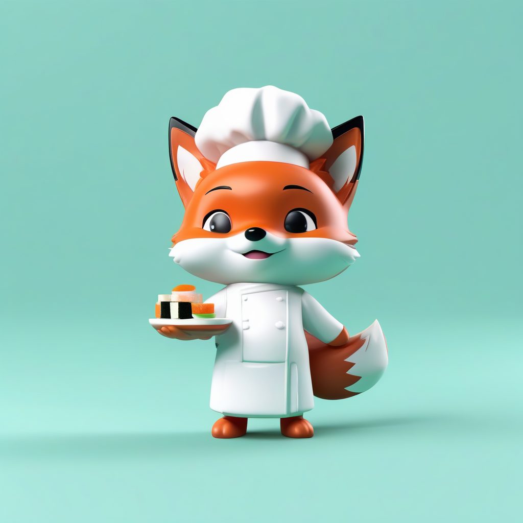 寿司厨师Q版狐狸：C4D高光全身图，纯色薄荷绿背景盲盒设计