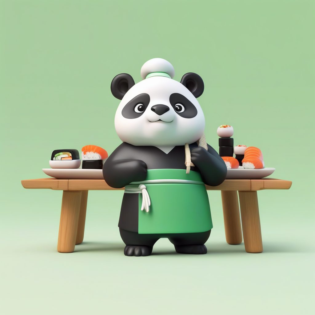 寿司大师熊猫:抱着一个寿司的粘土Q版全身照,竹绿色背景 3 寿司大师熊猫:抱着一个寿司的粘土Q版全身照,竹绿色背景