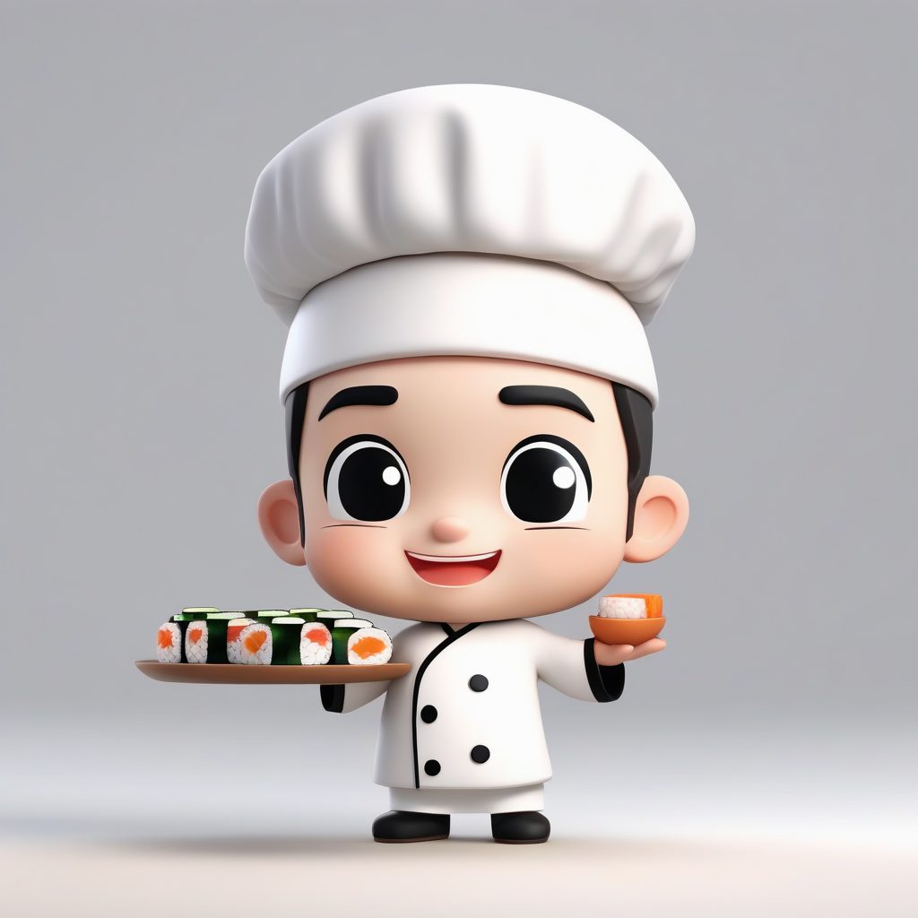 寿司小厨师：Q版角色自豪展示寿司，纯白背景极简粘土3D渲染