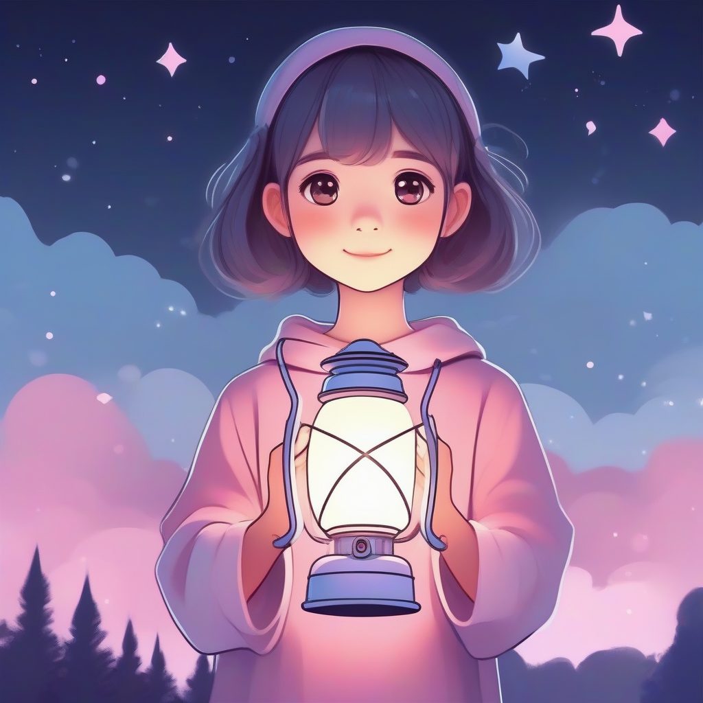 手提发光灯笼的夜空少女：粉蓝混合的柔和光芒