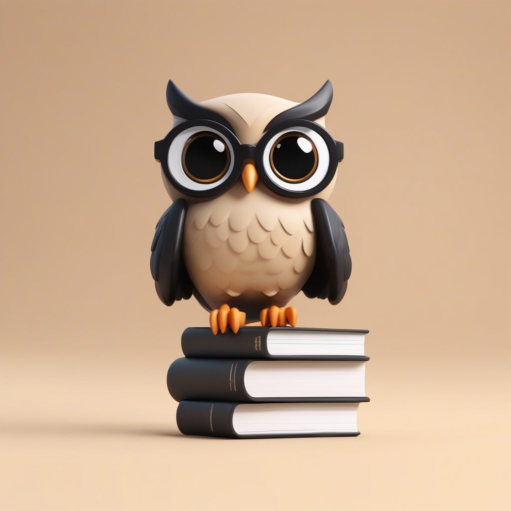 书呆子Q版猫头鹰：平衡书本的智慧造型，纯米色背景3D手办