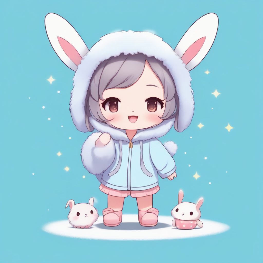 舒适睡衣Q版角色:毛绒拖鞋与兔子发带,柔和粉蓝色背景