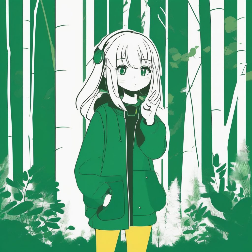 双色调极简风格：森林绿背景下做Peace手势的女孩