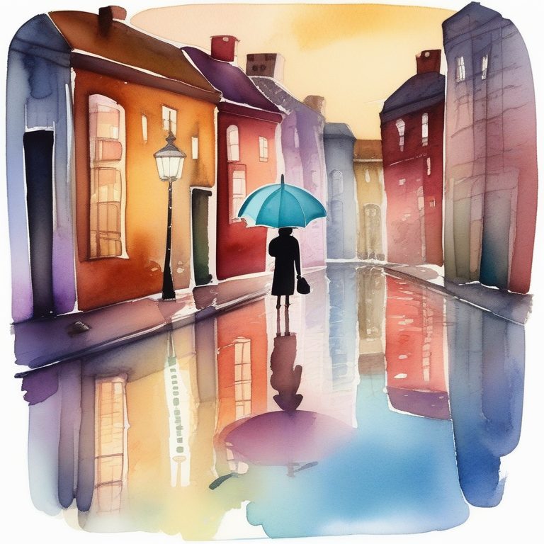 水彩城市夜景与雨伞小狗