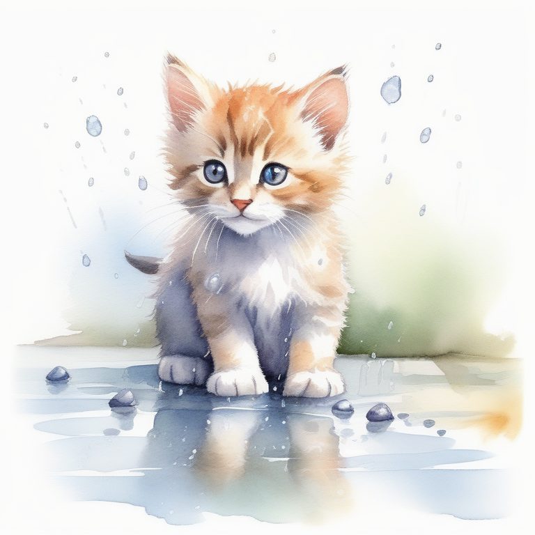 水彩风格的小猫在雨中嬉戏