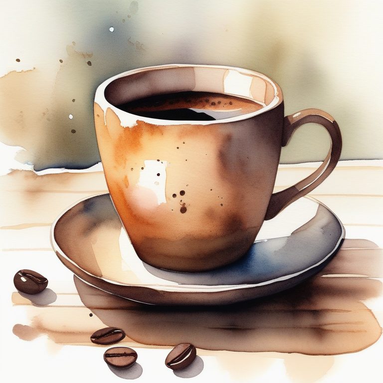 水彩风格下的复古咖啡杯静物画