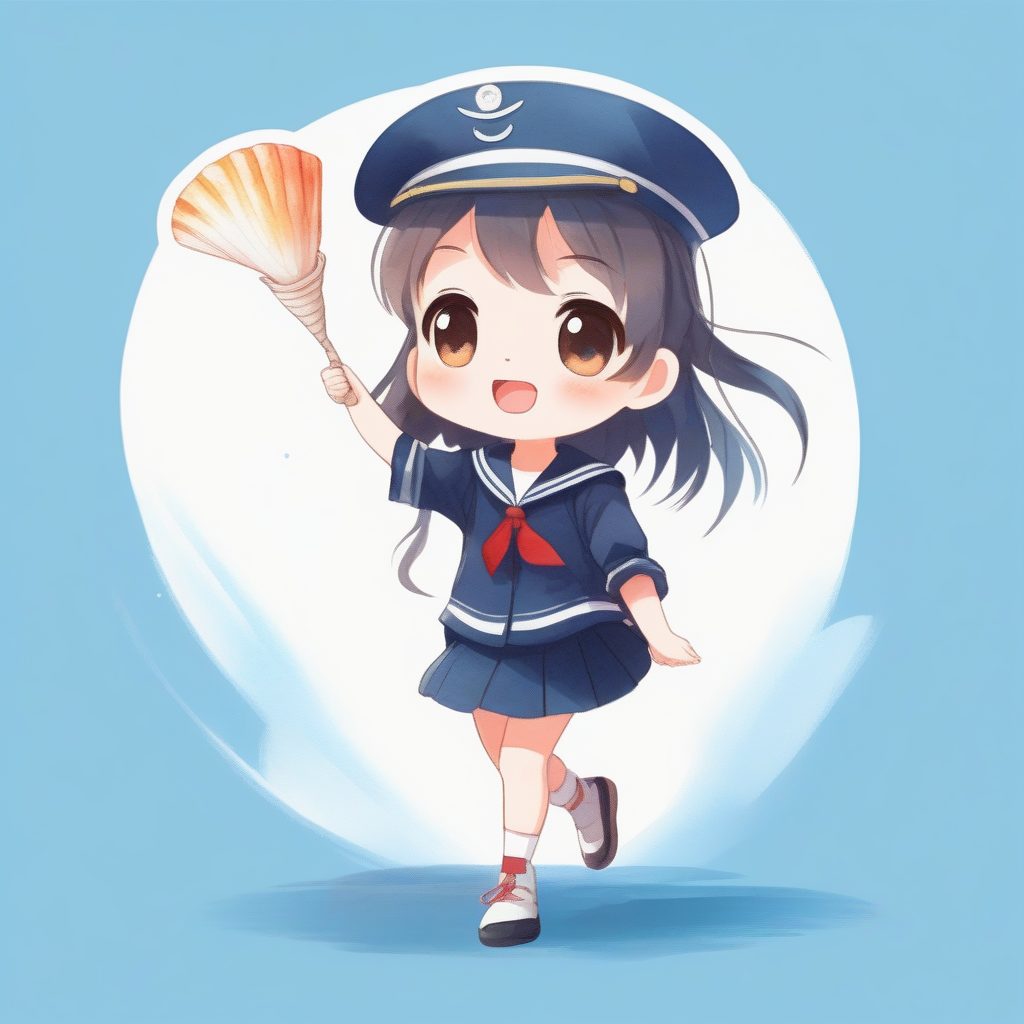 水彩风海洋水手：Q版海军服女孩全身插画，天蓝背景
