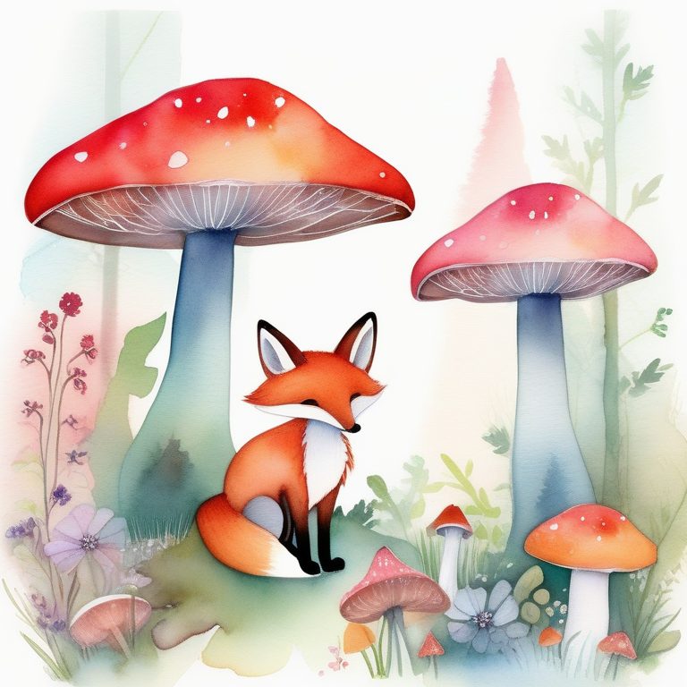 水彩风童话森林中的狐狸与蘑菇