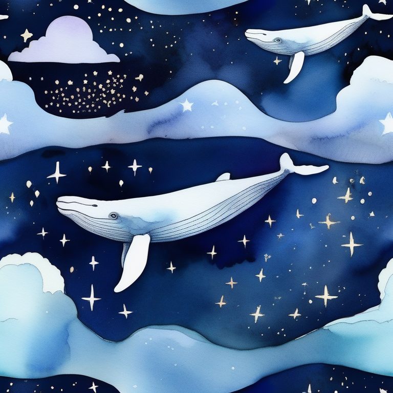 水彩梦幻鲸鱼漂浮夜空