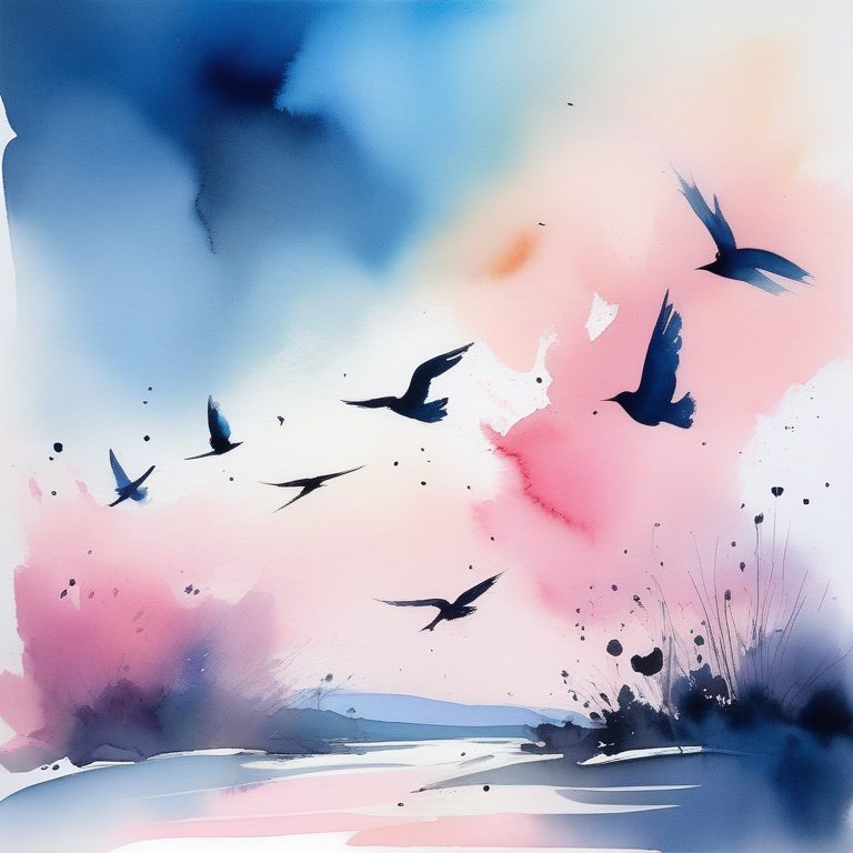 水彩喷溅天空与翱翔鸟群