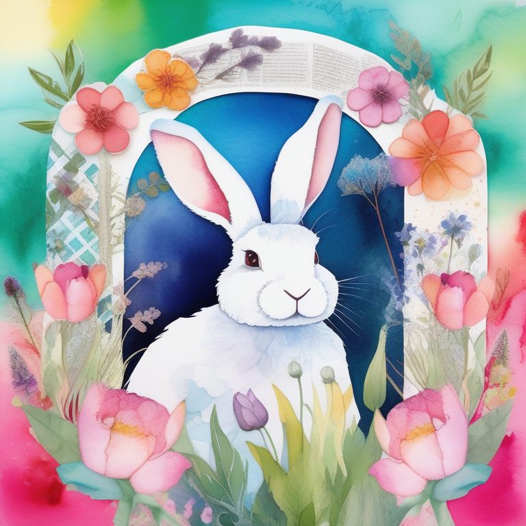 水彩拼贴风梦幻花园兔子画像