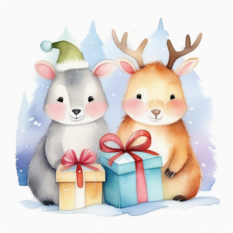 水彩圣诞礼物动物小角色