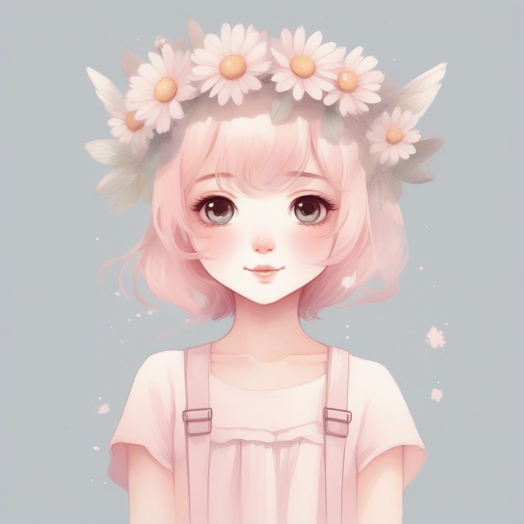 水彩唯美Q版小精灵提示词：花冠与雏菊，柔和淡粉色背景