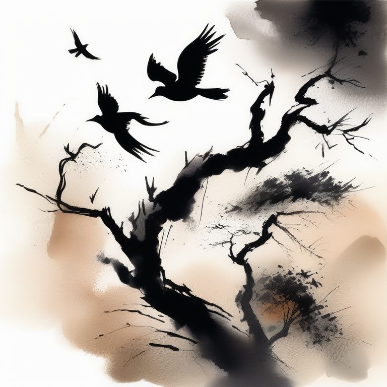 水墨飞鸟与古树