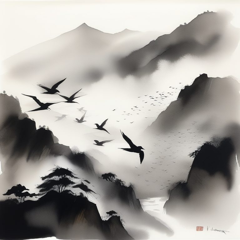 水墨风景中自由飞翔的鸟群