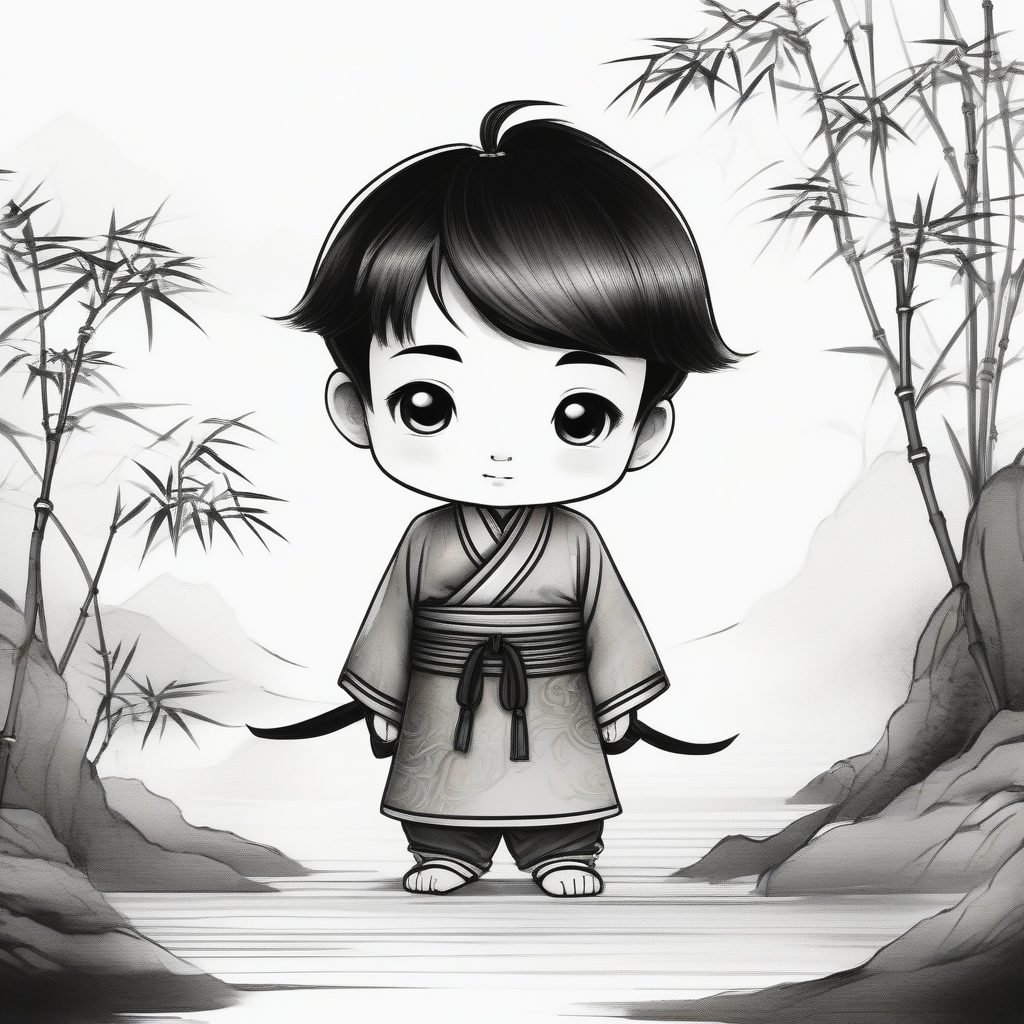 水墨山水意境：铁线描Q版小书童全身像AI提示词