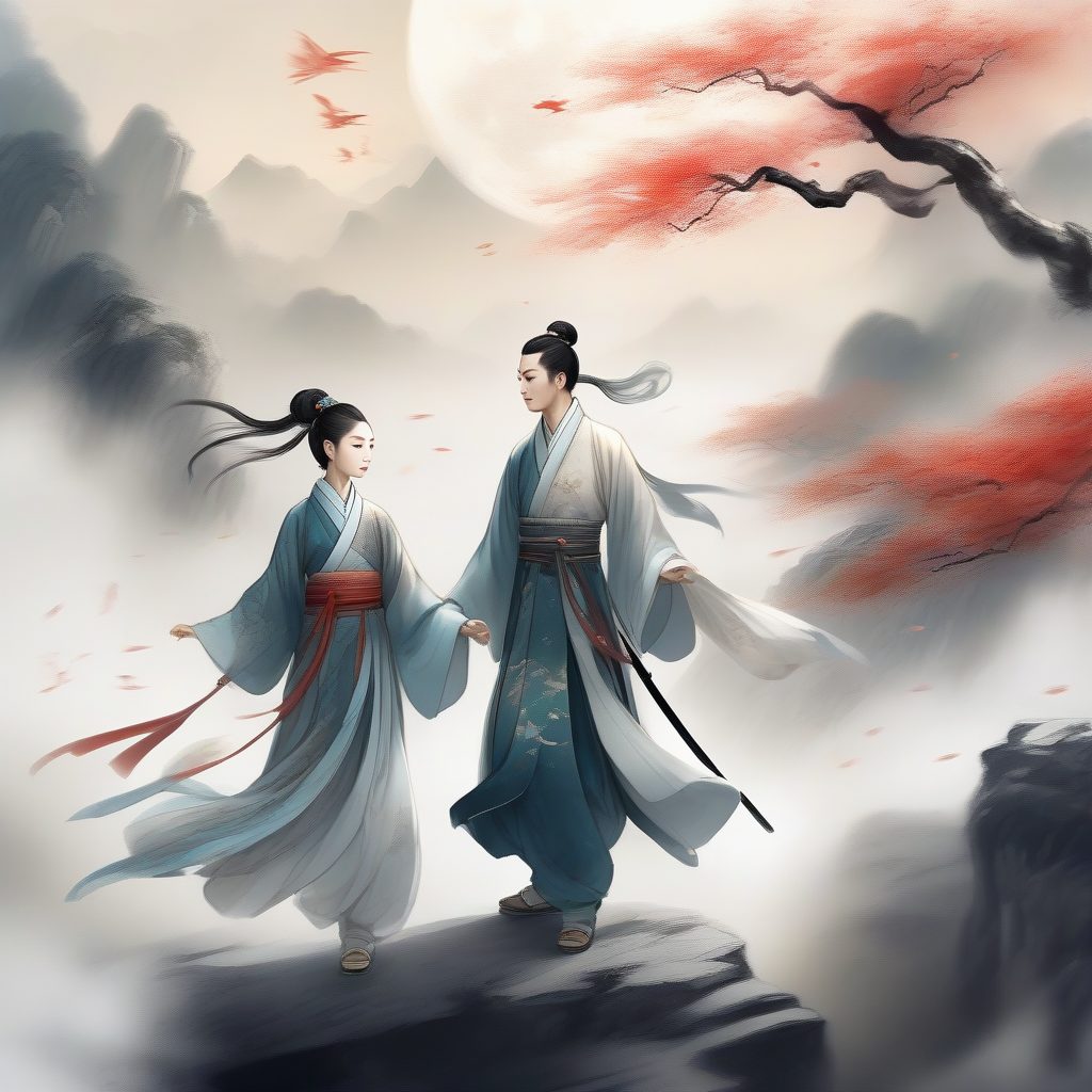 水墨仙侠：Q版古风情侣动态场景提示词，御剑飞行意境图