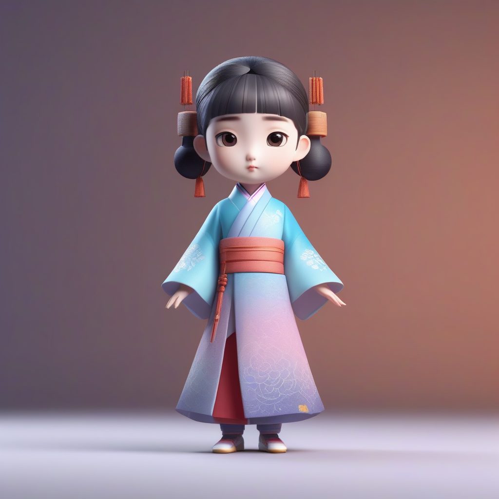 水墨印花时尚汉服：无纹理3D渲染Q版收藏品提示词