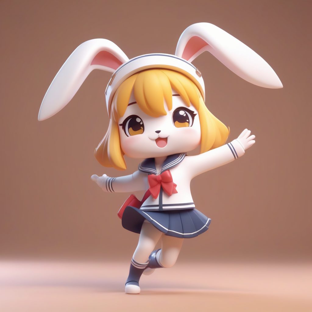 水手服Q版兔耳娘：动态跳跃姿势与极简背景手办