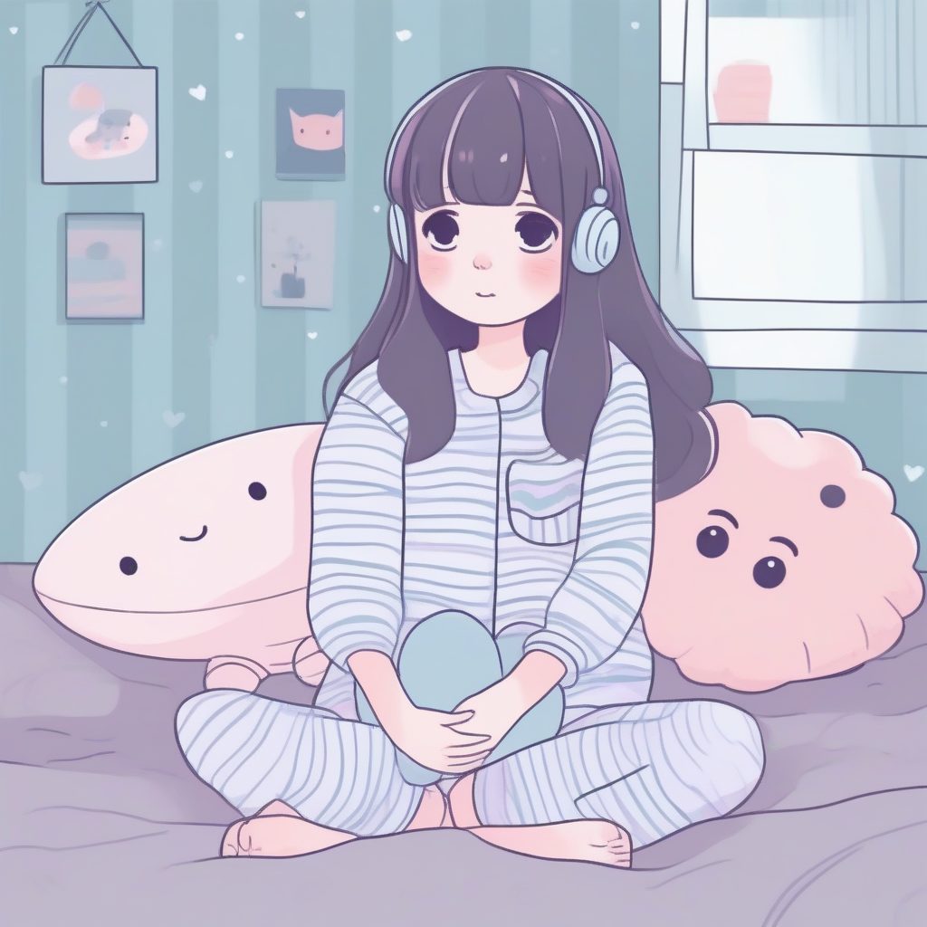 睡衣派对风格的可爱涂鸦：条纹睡衣和枕头元素