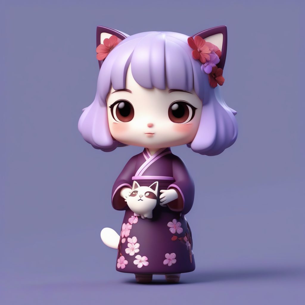 丝绒梅花旗袍Q版：温柔抱猫姿态3D渲染图