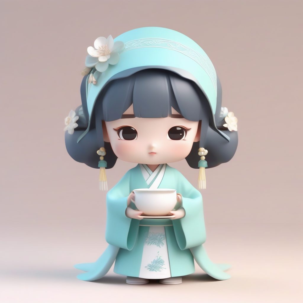 宋制褙子Q萌盲盒：安静饮茶的汉服小女孩全身3D模型提示词