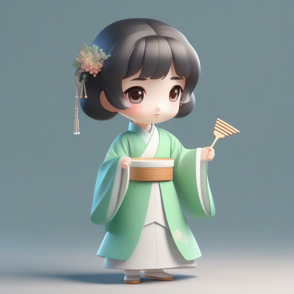 宋制汉服Q版女孩：手持折扇思索全身高清插画