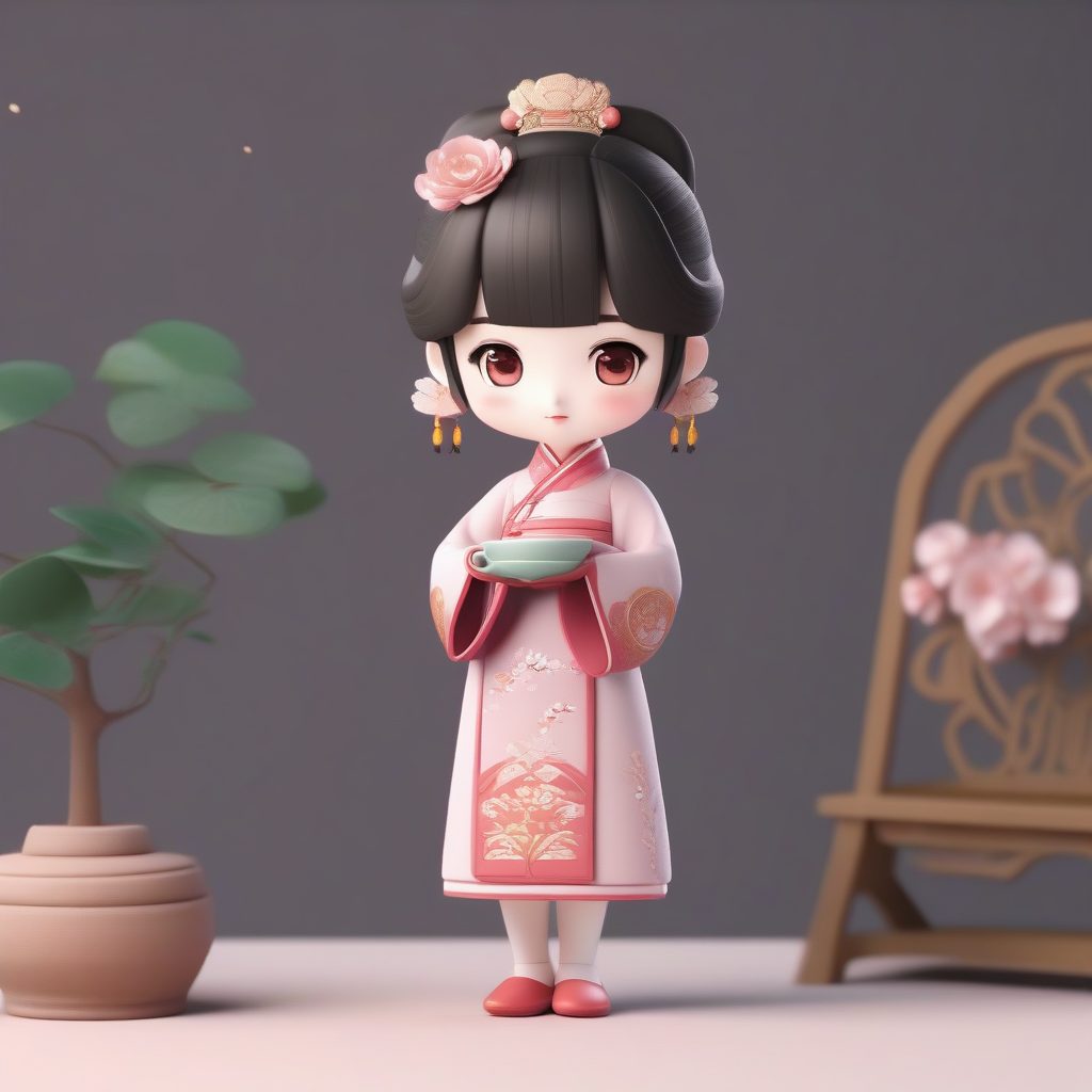 苏绣传统旗袍Q版：双手合十礼貌站姿渲染