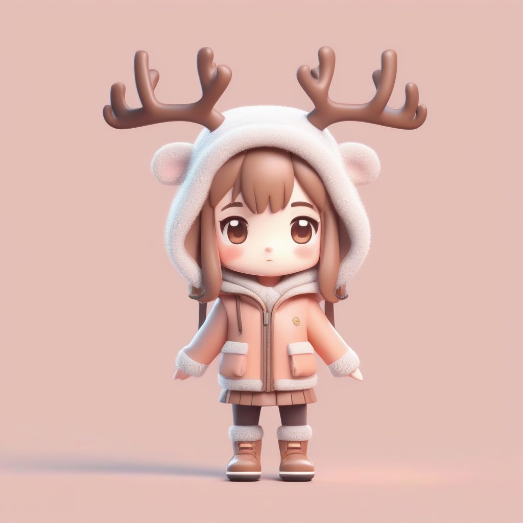 探险家Q版麋鹿：侧望与好奇姿势，强调羊毛纹理细节