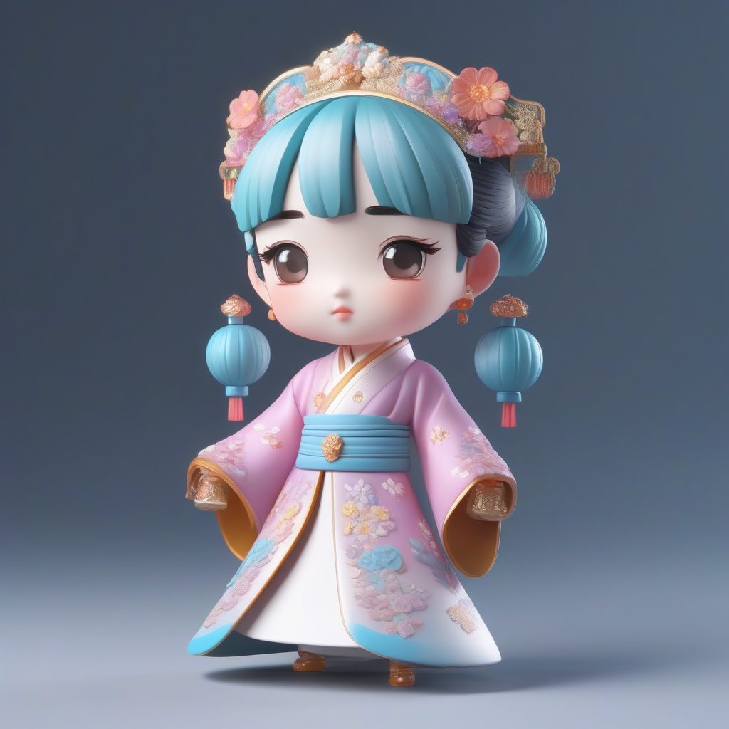 唐风华丽:C4D Octane渲染Q版汉服女孩,无纹理高饱和马卡龙提示词