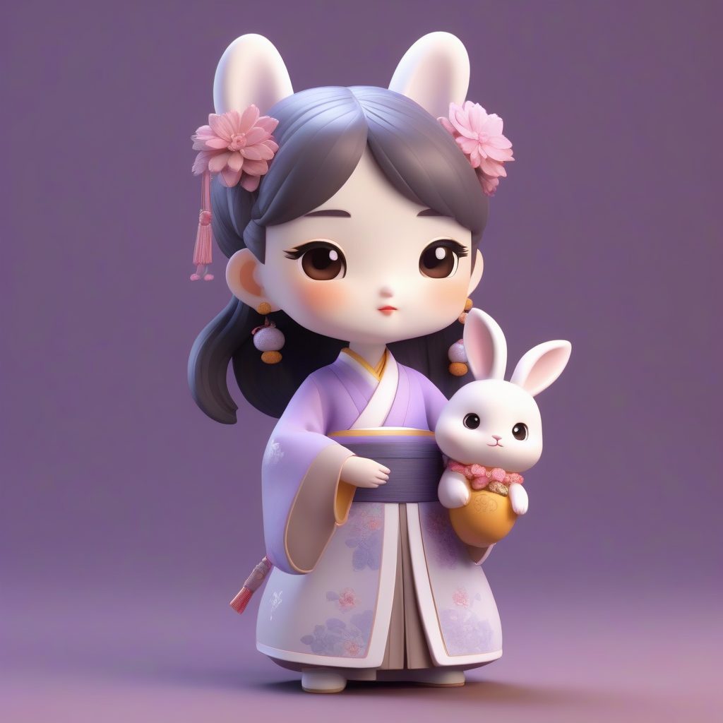 唐风襦裙与玉兔：唯美粘土质感3D渲染全身像