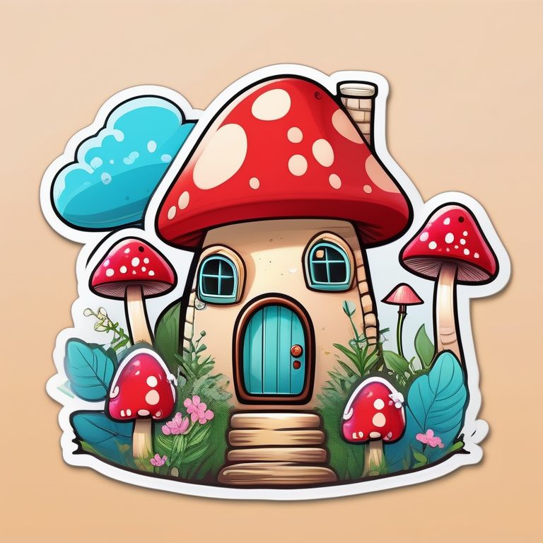 糖果色童趣风格的森系蘑菇屋贴纸